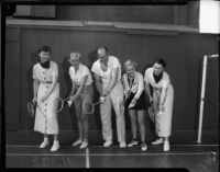 Badminton pro Jess Willard gives girls a few pointers, Los Angeles, 1935