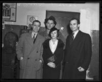 R. S. Hunter, H. G. Markworth, Robert Bruce Hunter, and Barbara Braun respond to bank robbery, El Monte, 1936