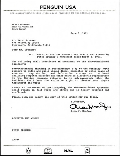 Correspondence regarding publication agreement amendment with Penguin, USA for Peter F. Drucker