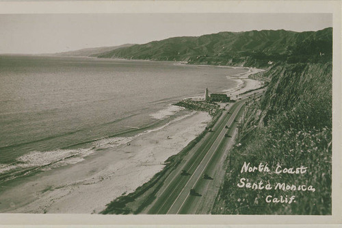 Pacific Coast Highway looking north to the lighthouse and Pacific Palisades