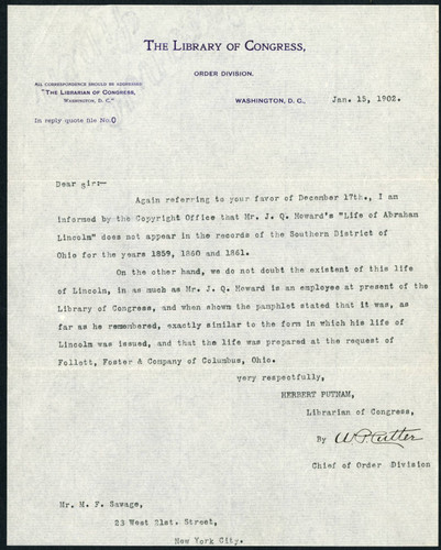 Herbert Putnam letter to Savage, 1902 January 15