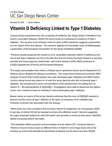 Vitamin D Deficiency Linked to Type 1 Diabetes