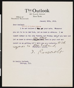 Theodore Roosevelt, letter, 1912-01-29, to Hamlin Garland