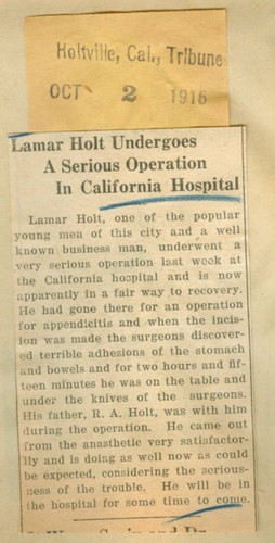 Lamar Holt undergoes a serious operation in California Hospital