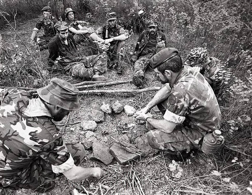 Survival school students make a campfire, Liberal, 1982