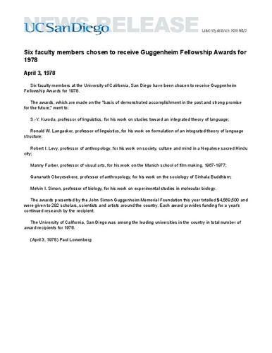 Six faculty members chosen to receive Guggenheim Fellowship Awards for 1978