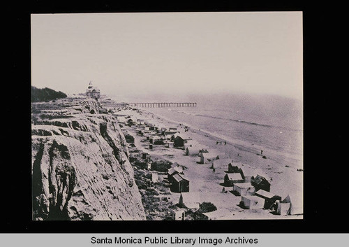 Summer campers on the beach looking south to the Arcadia Hotel, Santa Monica, Calif