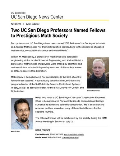 Two UC San Diego Professors Named Fellows to Prestigious Math Society