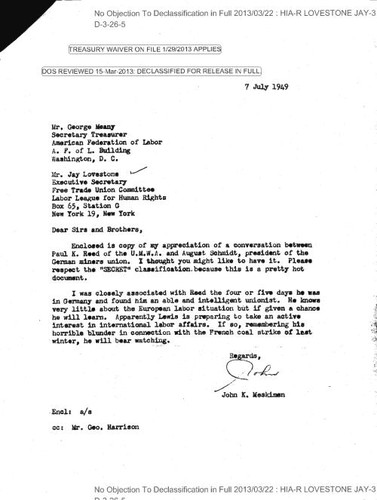 Meskimen letter to Lovestone and George Meany, with attached memo regarding labor's attitude toward control and ownership of Ruhr mines