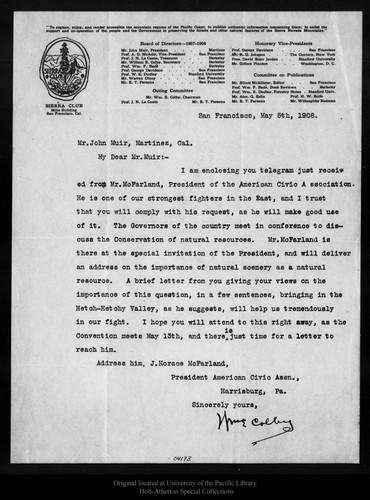 Letter from W[illia]m E. Colby to John Muir, 1908 May 5