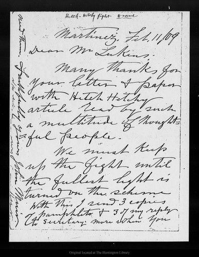 Letter from John Muir to [Theodore P.] Lukens, 1909 Feb 11