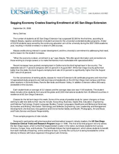 Sagging Economy Creates Soaring Enrollment at UC San Diego Extension