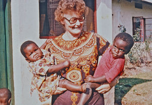 Missionary and Nurse, Bjørg Lundager with African kids at Bukoba. (Bjørg and Karl Lundager were