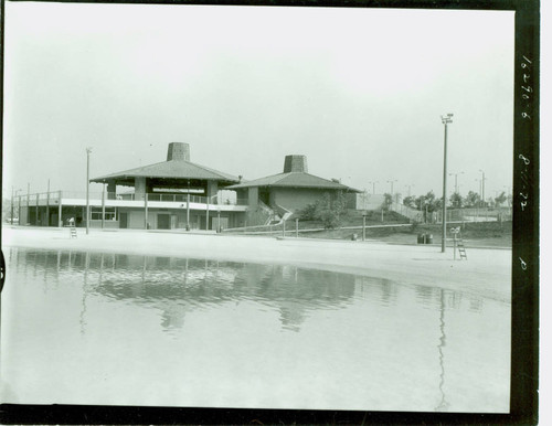 View of buildings at Puddingstone Swim Park at Frank G. Bonelli Regional Park