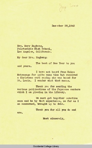 Letter from Remsen Bird to Mary Engberg, Polytechnic High School, December 28, 1942