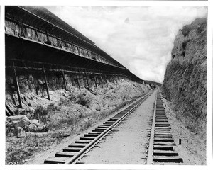 Santa Fe Railroad tracks cutting through El Cajon Pass, San Bernardino, ca.1890