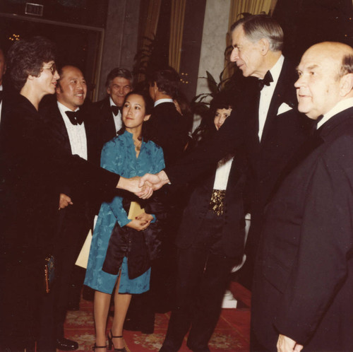 Buckley/Gailbraith Dinner--L to R: Mrs. March Fong Eu, Mr. George Wong, Unknown, Mr. Galbraith, Dr. M. Norvel Young, (Color)