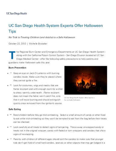 UC San Diego Health Experts Offer Halloween Tips