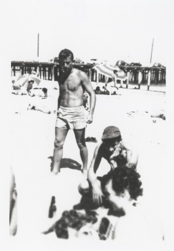 Bob Gillies and unidentified man with dog on Cowell Beach before the war