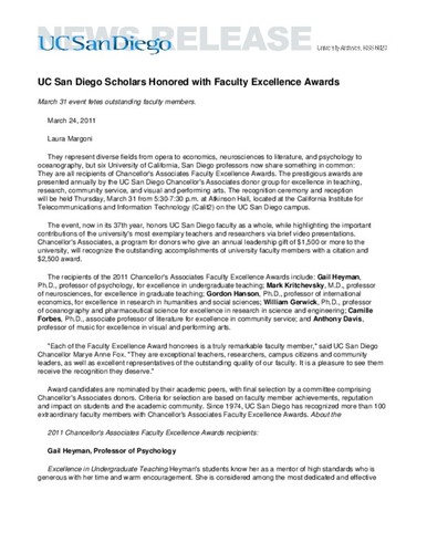 UC San Diego Scholars Honored with Faculty Excellence Awards--March 31 event fetes outstanding faculty members
