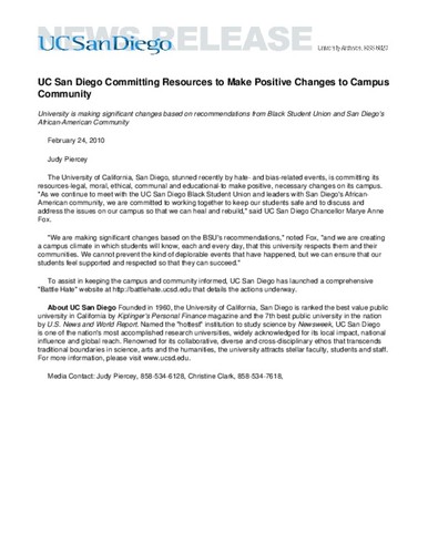 UC San Diego Committing Resources to Make Positive Changes to Campus Community--University is making significant changes based on recommendations from Black Student Union and San Diego's African-American Community