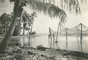Tahitian fishermen drying their nets