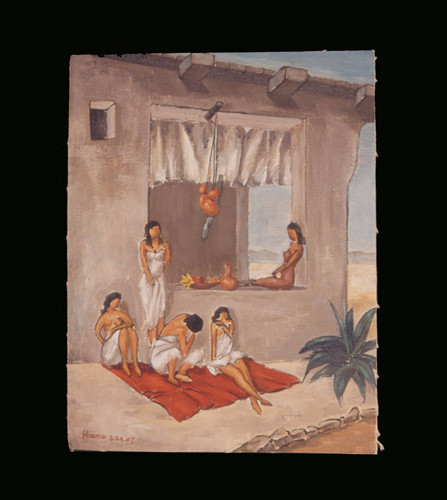 Painting of women in desert house scene