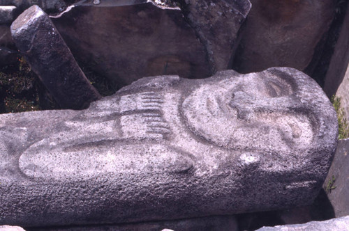 Carved stone slab over a sarcophagus, San Agustín, Colombia, 1975