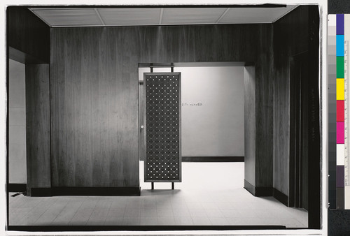 [Hallway of modern office building, California.]