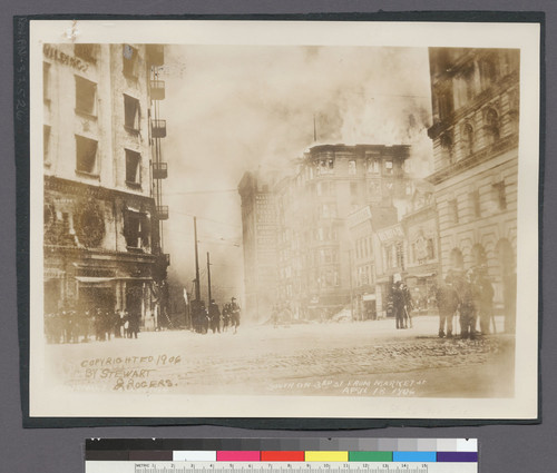 South on 3rd [Third] St. from Market St. April 18, 1906. [Hearst Building, left; Call Building, far right. From M. Behrman Collection.]