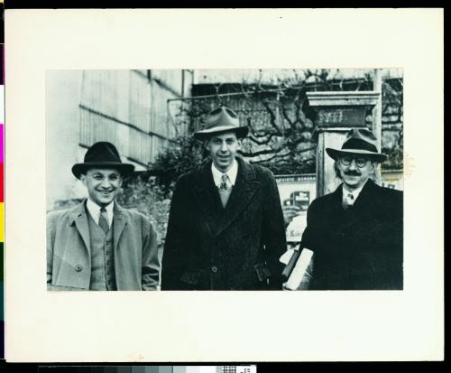 Photograph of Milton Friedman, George Stigler, and Aaron Director at the founding meeting of the Mont Pelerin Society