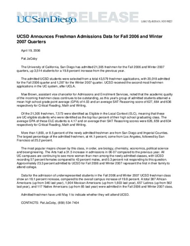 UCSD Announces Freshman Admissions Data for Fall 2006 and Winter 2007 Quarters