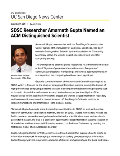 SDSC Researcher Amarnath Gupta Named an ACM Distinguished Scientist