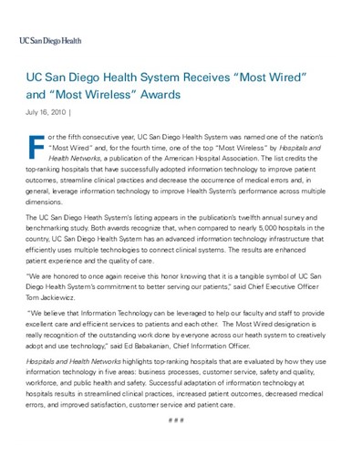 UC San Diego Health System Receives “Most Wired” and “Most Wireless” Awards