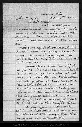 Letter from James D[avie] Butler to John Muir, 1888 Feb 10