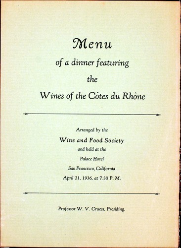 Wine & Food Society - Menu of a dinner featuring Wines of the Cotes du Rhone