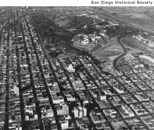 Aerial view of downtown San Diego and Balboa Park looking north