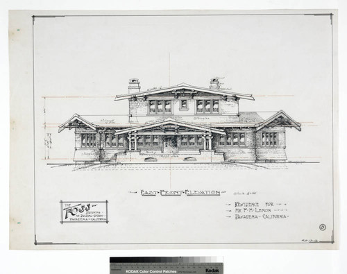 Residence for Mr. F. H. Lemon, Pasadena, California. East Front Elevation. Sheet #3. 5-17-1912