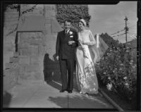 Janice Harker and Reverend Hu C. Noble on their wedding day at First Presbyterian Church, Los Angeles, 1935