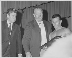 Bill Soberanes with wrist wrestlers, Petaluma, California, 1963