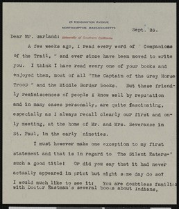 Elaine Goodale Eastman, letter, 1932-09-25, to Hamlin Garland