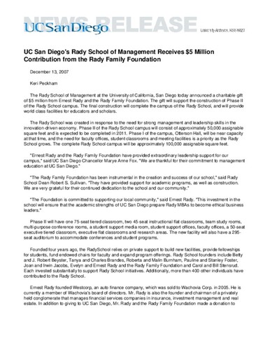 UC San Diego's Rady School of Management Receives $5 Million Contribution from the Rady Family Foundation