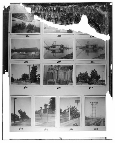 This is a multi-image negative that depicts a hydro plant, dredger, tree trimming, street lighting, and transmission. Undamaged images included on the plate are copies of original negatives: 02 - 00374; 02