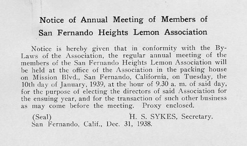 Notice of annual meeting of the San Fernando Heights Lemon Association, 1939