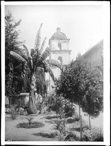 Mission Santa Barbara bell tower viewed from the cemetery, 1901