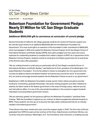 Robertson Foundation for Government Pledges Nearly $1 Million for UC San Diego Graduate Students