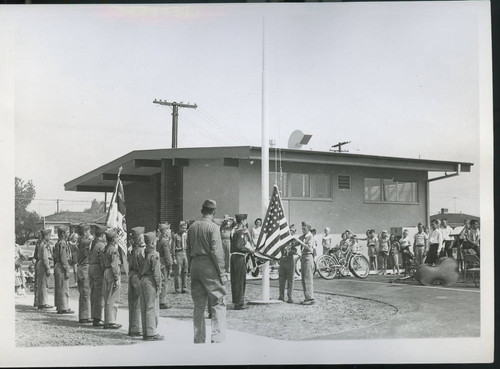 Boy Scouts raising the flag at the Sorensen Library Dedication, Whittier, California