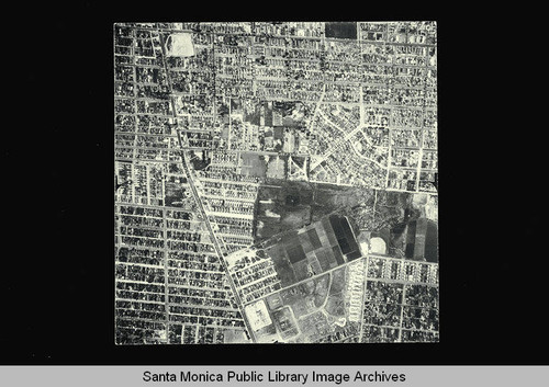 Aerial map of the Santa Monica City with section boundaries: Lincoln Blvd; Ocean Park Blvd; Twenty-First Street; south of Dewey Street flown by Pacific Air Industries on April 1, 1950