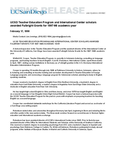 UCSD Teacher Education Program and International Center scholars awarded Fulbright Grants for 1997-98 academic year