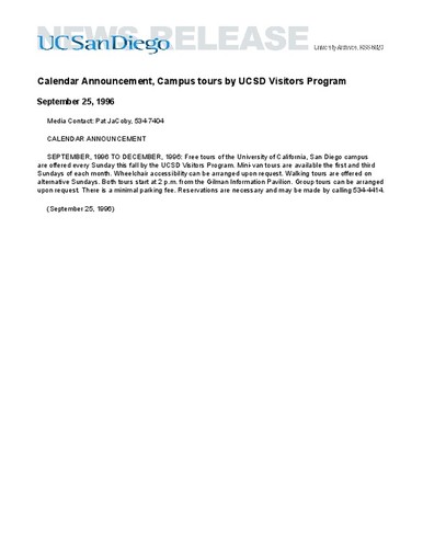 Calendar Announcement, Campus tours by UCSD Visitors Program